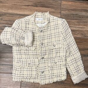 Mango Beige and Black Textured Tweed Jacket